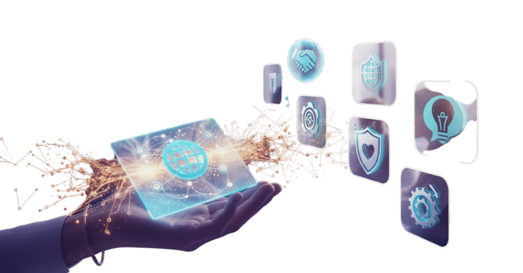 imagen ilustrativa de una mano entregando diseño y desarrollo web, marketing por internet, comercio electrónico y publicidad y marketing.